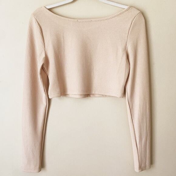 Cider | Ribbed Cropped Long Sleeve Top Tee Boat Neck Beige Large NWT - Picture 3 of 4